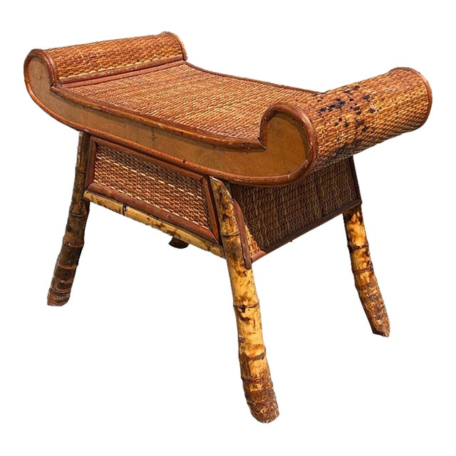 1960s Egyptian Revival Burnt Bamboo Wicker and Rattan Scroll Arm Bench or Side Table For Sale