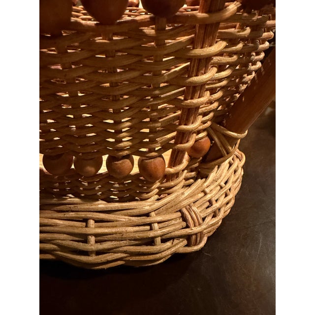 Boho Chic Vintage 1970s Woven Wicker Basket With Wood Bead Detail & Handle For Sale - Image 3 of 14