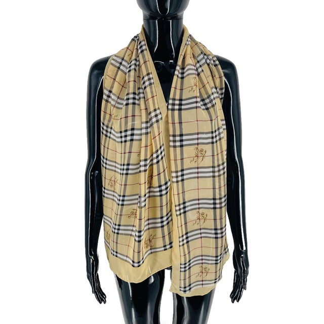 Early 21st Century Burberry Beige Plaid 100% Silk Scarf For Sale - Image 5 of 7