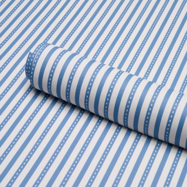 Schumacher Sample - Schumacher Mathis Ticking Stripe Wallcovering In Delft For Sale - Image 4 of 6