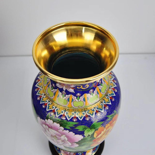 Pair of Vintage Cloisonné Enamel Floral & Bird Baluster Vases With Wooden Stands For Sale - Image 4 of 5
