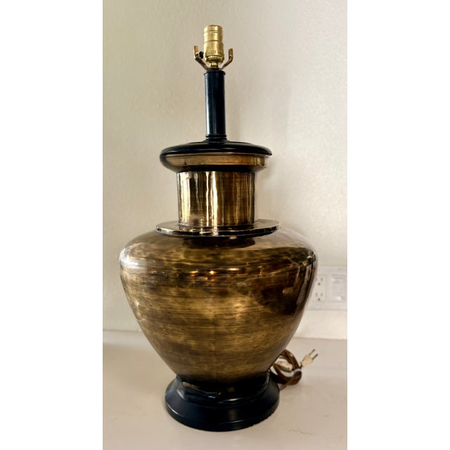 Hollywood Regency 1970's Oversized Gold Brass and Black Wood Lamp With Black Shade in the Style of Ralph Lauren For Sale - Image 3 of 13