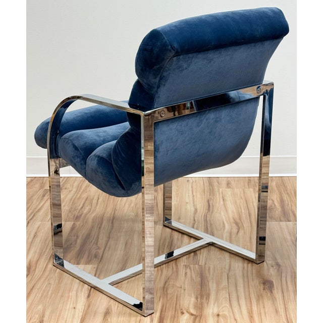 Vintage Newly Upholstered Blue Velvet Chrome Sling Chairs, a Pair For Sale - Image 10 of 18