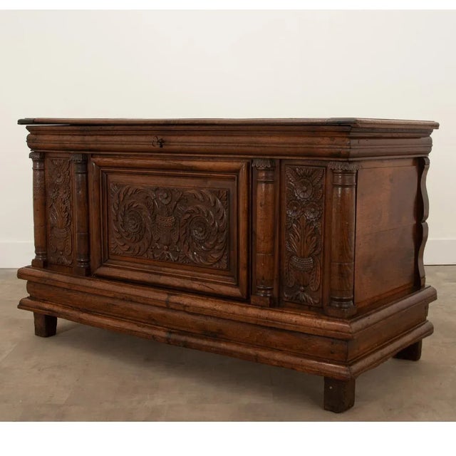 French 18th Century Solid Oak Carved Coffer-Trunk For Sale - Image 11 of 13