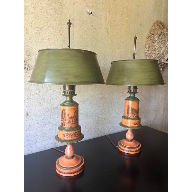 1940s French Neoclassical Painted Tole Table Lamps With Metal Shades - a Pair For Sale - Image 4 of 12