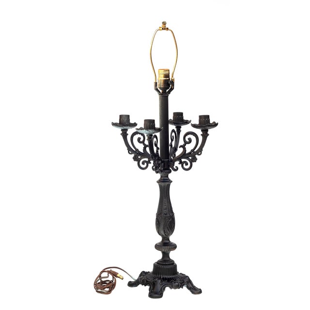 Black Mid 20th Century Black Lacquered Metal Candelabras Table Lamp With Four Branches For Sale - Image 8 of 8