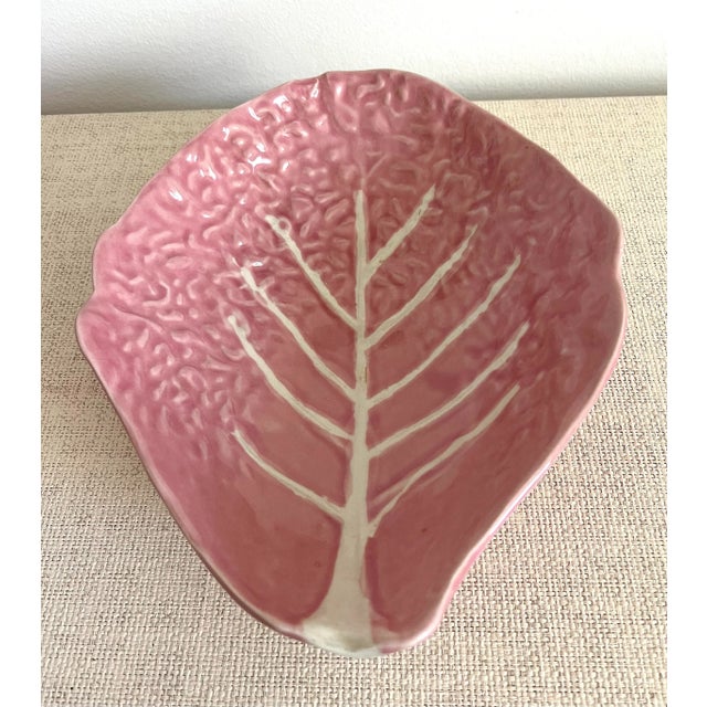 Ceramic Vintage Pink Cabbage Leaf Majolica Serving Bowl For Sale - Image 7 of 8