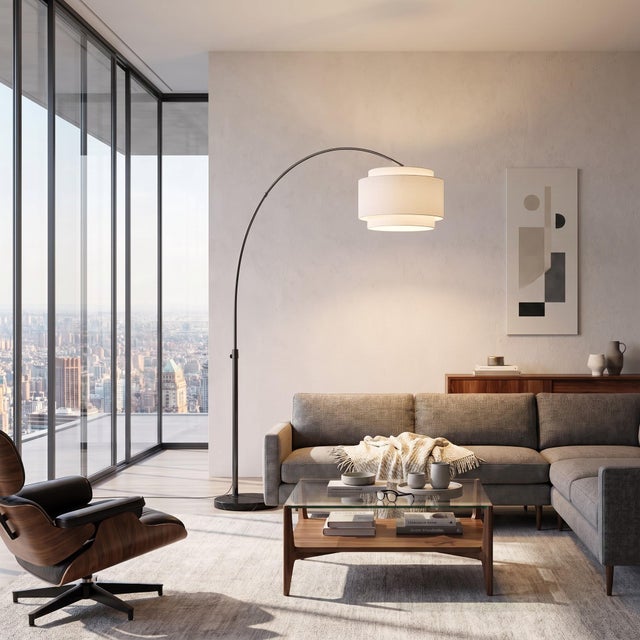 Mid-Century Modern Coronado 92 Inch Arc Lamp by Nova of California - Black Nickel Steel, Black Marble Base, White Linen Drum Shade - Peter Morelli 1960 Dimmable For Sale - Image 3 of 8