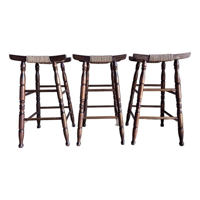 Set of 3 Mid Century Bar Stools Primitive Craft Movement Turned Walnut Bobbin Spindle Legs and Danish Cording Woven Seats For Sale