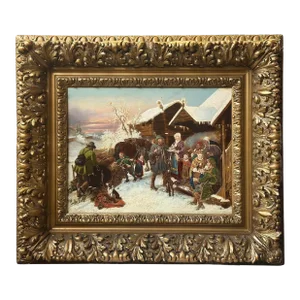 19th Century Winter Landscape Oil on Canvas of a Reindeer Hunt