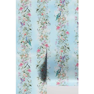 Mahjong Floral Stripe Grasscloth Wallpaper by House Party | Bam Blue | 8 Yards For Sale