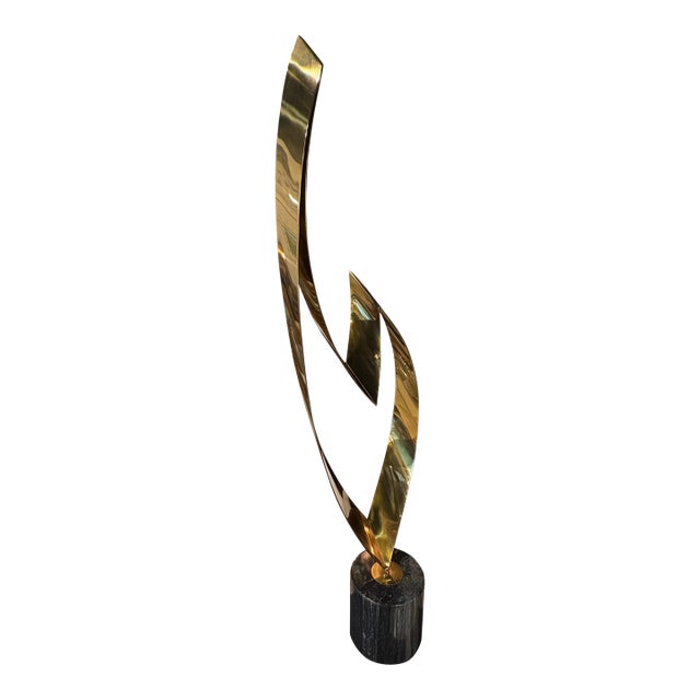 Vintage Signed Curtis Jere Brass & Marble Statue Art Eternal Flame For Sale
