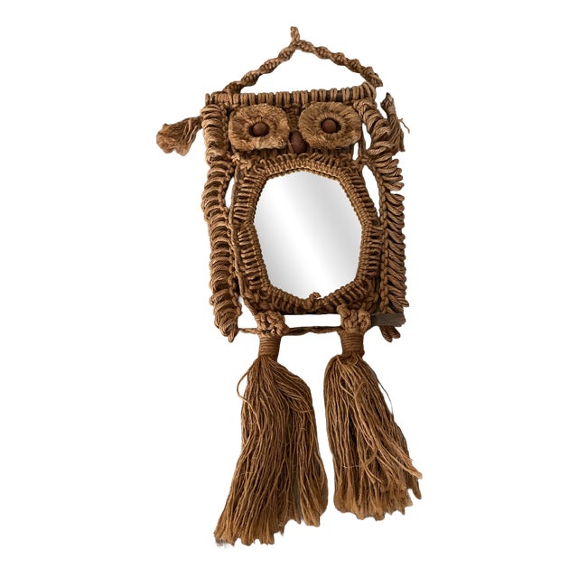 Macrame Owl Mirror, 1970s For Sale
