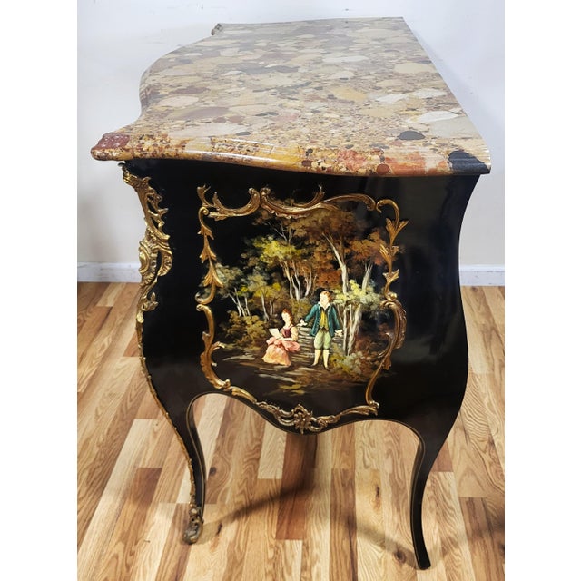 Black Vintage Louis XV Style Black Lacquered & Painted Marble Top Bronze Mounted Commode For Sale - Image 8 of 18