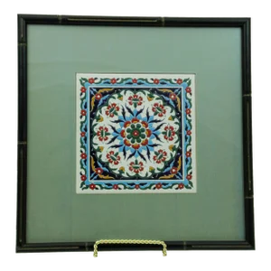 Handcrafted Turkish Iznik Style Ceramic Tile Framed 1950