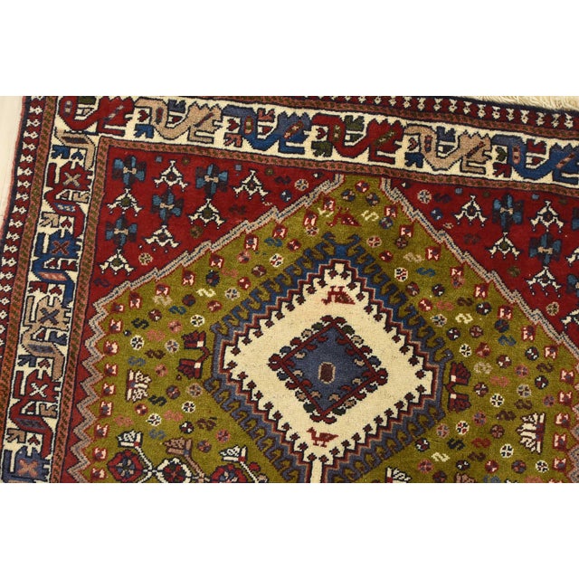 Yalameh Rug 3'5'' X 4'8'' Green Wool Vintage Tribal Hand-Knotted Oriental Carpet For Sale In Philadelphia - Image 6 of 12