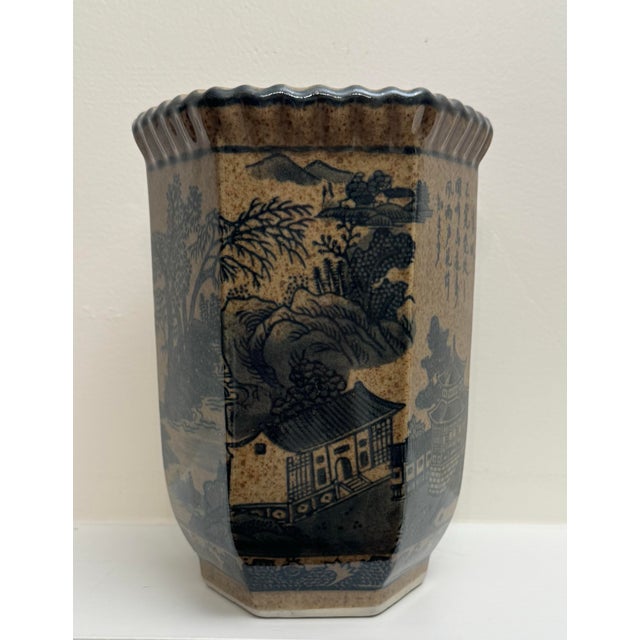 Vintage Chinoiserie Landscape Scene Glazed Ceramic Hexagon Vase, Taupe & Black For Sale In Houston - Image 6 of 12