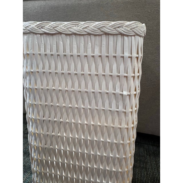 Shabby Chic Vintage White Wicker Rattan Style Wall Shelf With Braided Trim For Sale - Image 3 of 7