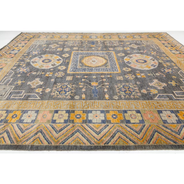 Modern 12x14 Modern Khotan Style Charcoal & Gold Handmade Wool Area Rug For Sale - Image 3 of 11