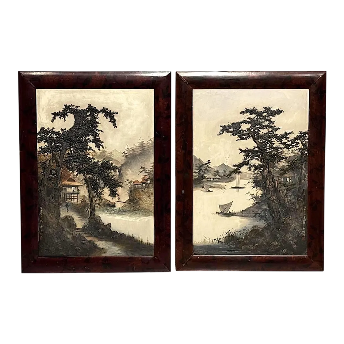 辰　oilpainting from Japan Rare Antique 19th. Century Edo Japanese Framed Lake and
