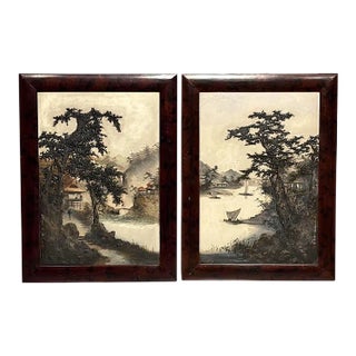 Rare Antique 19th. Century Edo Japanese Framed Lake and Landscape Signed Oil Paintings on Board, a Pair For Sale