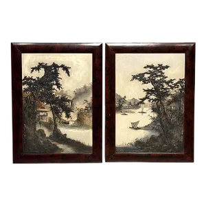 Rare Antique 19th. Century Edo Japanese Lake and Landscape Signed 'Relief' Paintings on Board, Lacquer Frames, a Pair