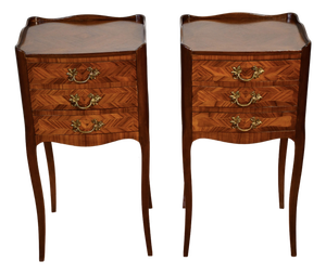 1910 Antique French Louis XV Satinwood Inlaid Pair of Nightstands Bedside Tables
