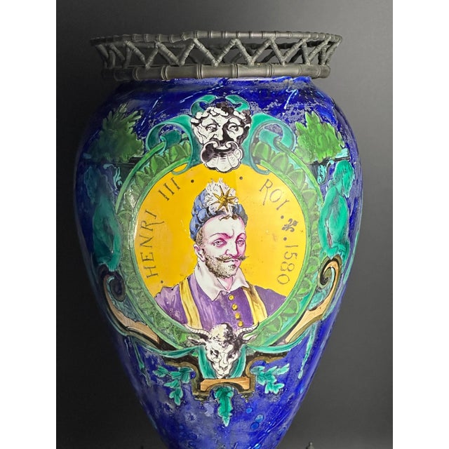 Metal French Vases on Patinated Bronze Bamboo Mounts with Portraits of Henri III from A. Giroux Paris, 1880-1895, Set of 2 For Sale - Image 7 of 12