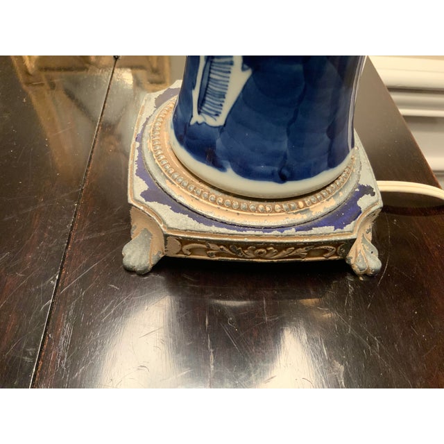 Vintage Blue and White Cherry Blossom Porcelain Vase Lamp on Metal Base For Sale - Image 4 of 13