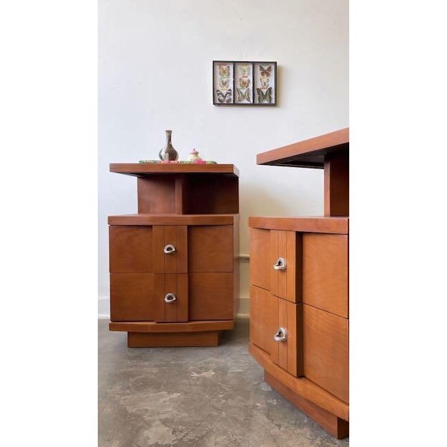 Back from full restoration and looking mighty fine, this pair of Mid-Century Modern “Titan” nightstands by Kent-Coffey are...