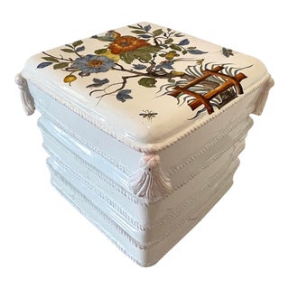 Italian Glazed Ceramic Trompe L’oeil Stacked Pillow Ottoman Garden Stool For Sale