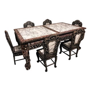 Vintage Chinese Rosewood Mother-of-Pearl Inlaid Dining Set – Rectangular Table + 6 Chairs With Marble Tops For Sale