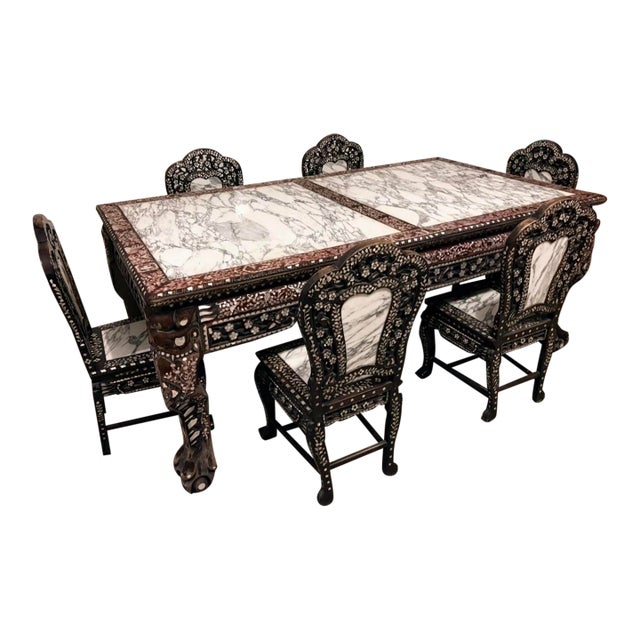 Vintage Chinese Rosewood Mother-of-Pearl Inlaid Dining Set – Rectangular Table + 6 Chairs With Marble Tops For Sale