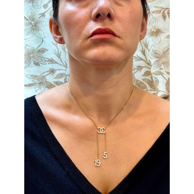 Authentic CHANEL Rhinestone CC LOGO 5 & 19 Pendant Necklace Vintage, Estate For Sale - Image 14 of 18