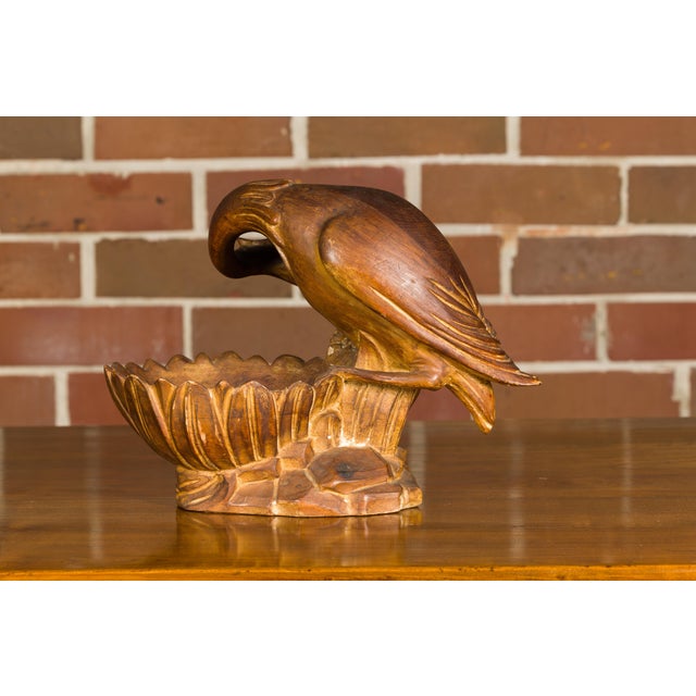 Brown Italian Midcentury Carved Wooden Bowl with Crane and Leaf Motifs For Sale - Image 8 of 12