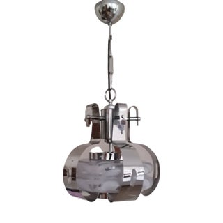 Vintage Ceiling Lamp with Chrome-Plated Metal Frame and Pink-Colored Glass Shade, 1970s For Sale