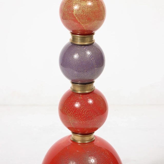Glass Mid-Century Hand-Blown Coral Red & Lilac Murano Glass Stacked Ball Table Lamps For Sale - Image 7 of 12