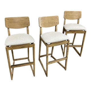 Baker Furniture McGuire Ash Grey and Raffia Maiden Bar Stools - Set of 3 For Sale