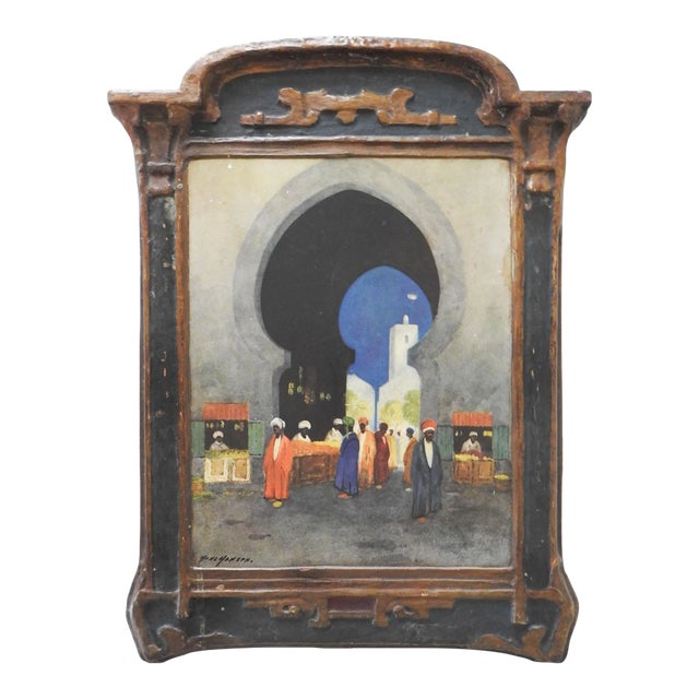 Vintage 1920's Molded Compo Frame & Middle Eastern Market Print For Sale