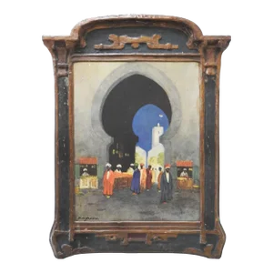 Vintage 1920's Molded Compo Frame & Middle Eastern Market Print