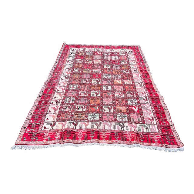 Vintage Silk Animal Pattern Embroidered Soumak Rug For Sale