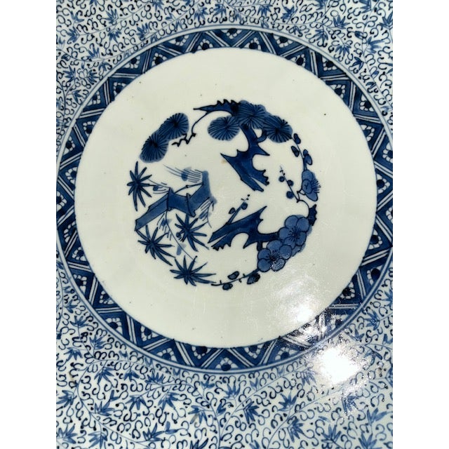 Antique 16" Blue and White Plate With Detailed and Intricate Hand Painting Pine and Plum Design For Sale - Image 14 of 18