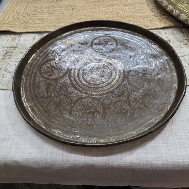 1900s Antique Indian Brass Tray Large 19 Inch Engraved Benares Coffee Table Charger For Sale - Image 12 of 12
