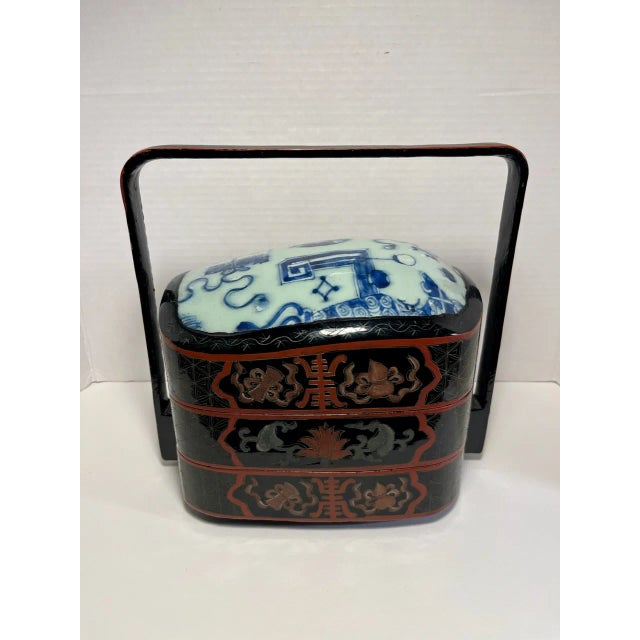 Large Vintage Chinese Wooden Lacquer and Porcelain Shard Storage Wedding Box Aprox. dimensions: 9"H x 10"W x 6"D Very good...