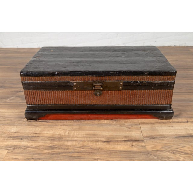 Chinese 1900s Wooden Treasure Chest With Rattan Accents and Dark Brass Hardware For Sale - Image 10 of 13