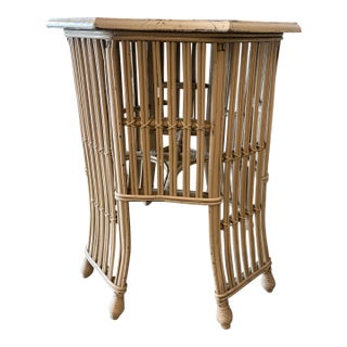 Vintage Faux Bamboo Wicker Side Table With Glass Top For Sale