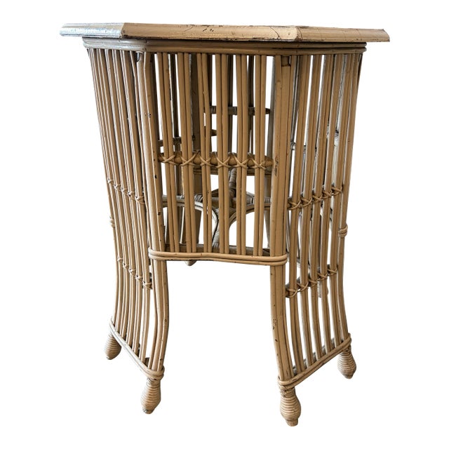 Vintage Faux Bamboo Wicker Side Table With Glass Top For Sale