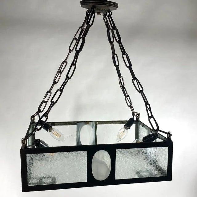 Swedish Iron, Bronze and Crackle Glass Four-Light Pendant Light For Sale In Denver - Image 6 of 11