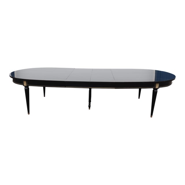 Signed Maison Jansen Ebonized Black Lacquer Dining Table Brass Trim W 2 Leaves For Sale
