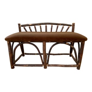 Old Hickory Furniture Co. Log Twig and Suede Velvet Upholstered Bench Settee For Sale